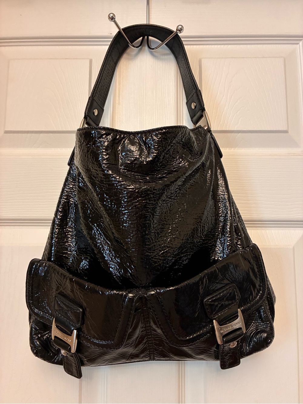Michael Kors Black Crinkle Patent Hobo Bag - Women's Shoulder Purse